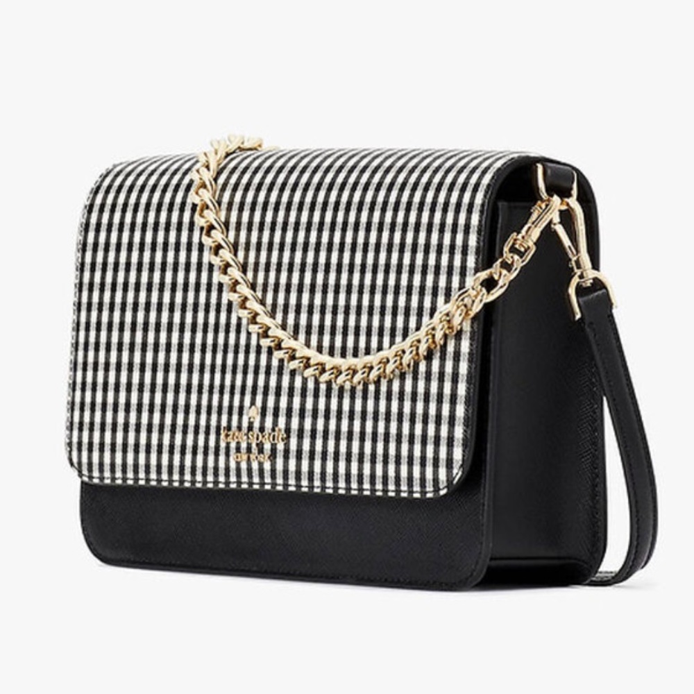 kate spade Black and White Gingham Flap Crossbody Bag with Gold Chain